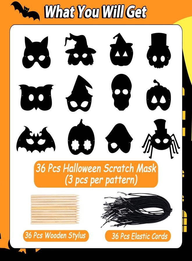 GOMANCHE 36 Pieces Halloween Scratch Art Masks for Kids, DIY Rainbow Magic Scratch Paper Masks for Crafts, Bat Witch Pumpkin Spider Pirate Skull Scratch Mask Crafts for Halloween Party Supplies - Image 4